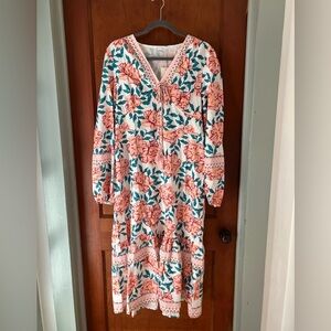 Sunny Spirit Floral Print Boho Midi Dress Size L V Neck Puff Sleeves New W/Tag
